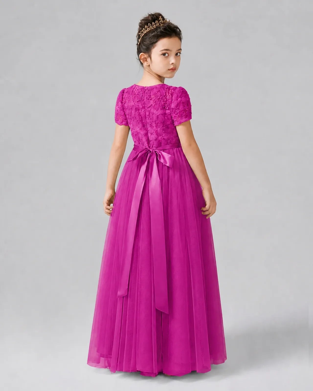 Hot Pink Tulle A-line Girls Formal Dress Back View