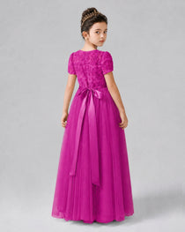 Dideyttawl Formal Dress with Puff Sleeves Floral Lace Bodice and Tulle Skirt