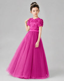 Dideyttawl Formal Dress with Puff Sleeves Floral Lace Bodice and Tulle Skirt