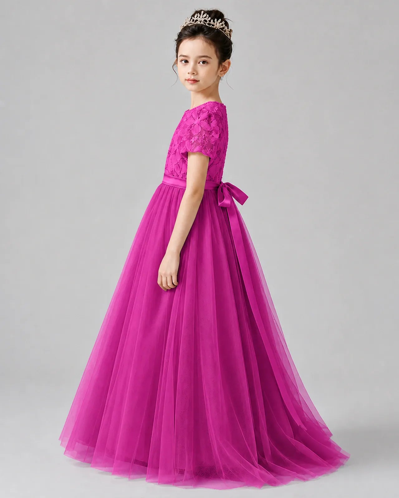 Hot Pink Satin Tulle A-line Girls Formal Dress Side View