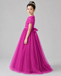 Dideyttawl Formal Dress with Puff Sleeves Floral Lace Bodice and Tulle Skirt
