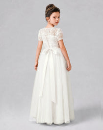 Dideyttawl Formal Dress with Puff Sleeves Floral Lace Bodice and Tulle Skirt