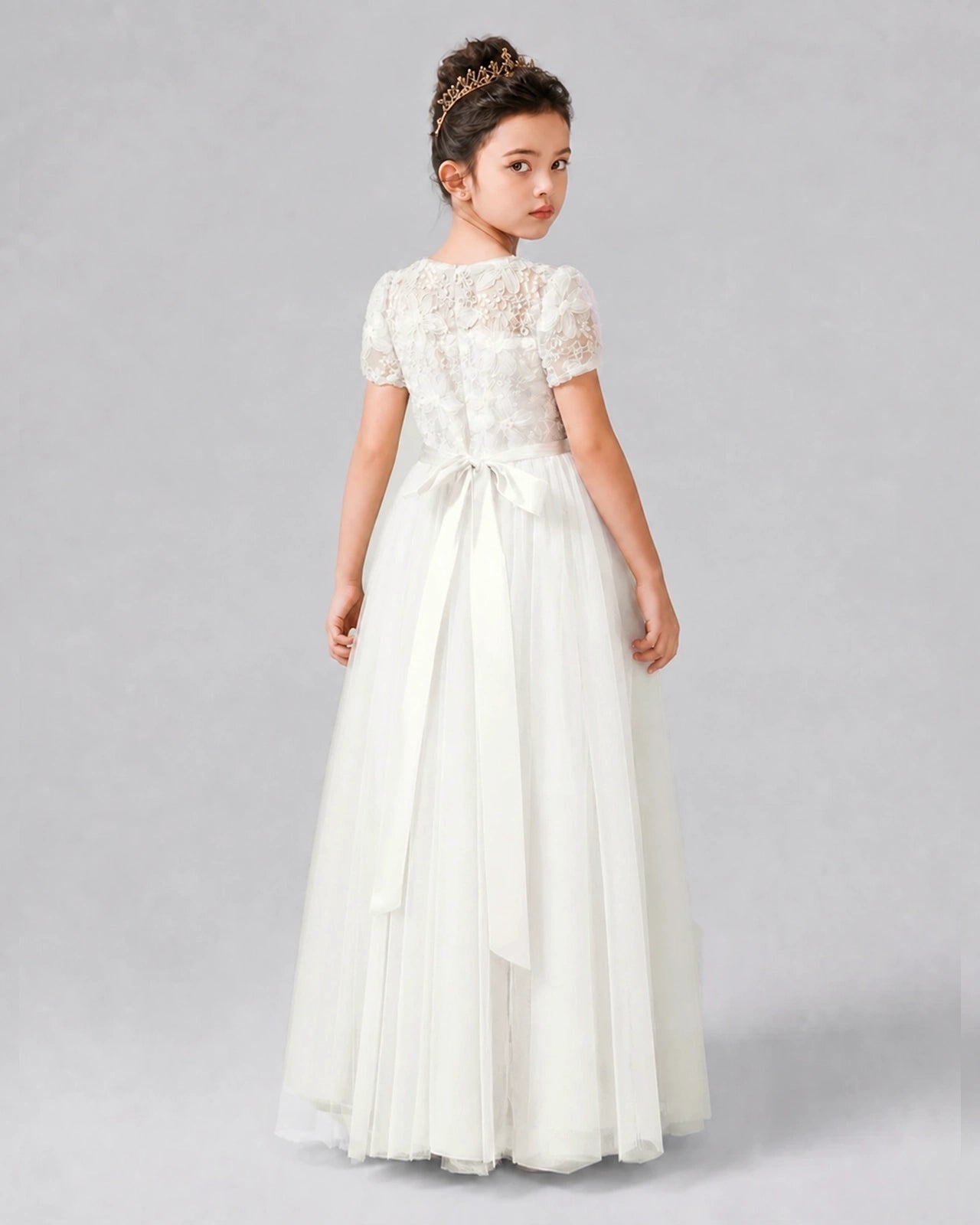 Dideyttawl Formal Dress with Puff Sleeves Floral Lace Bodice and Tulle Skirt