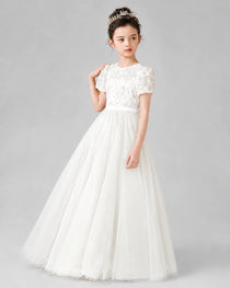 Dideyttawl Formal Dress with Puff Sleeves Floral Lace Bodice and Tulle Skirt