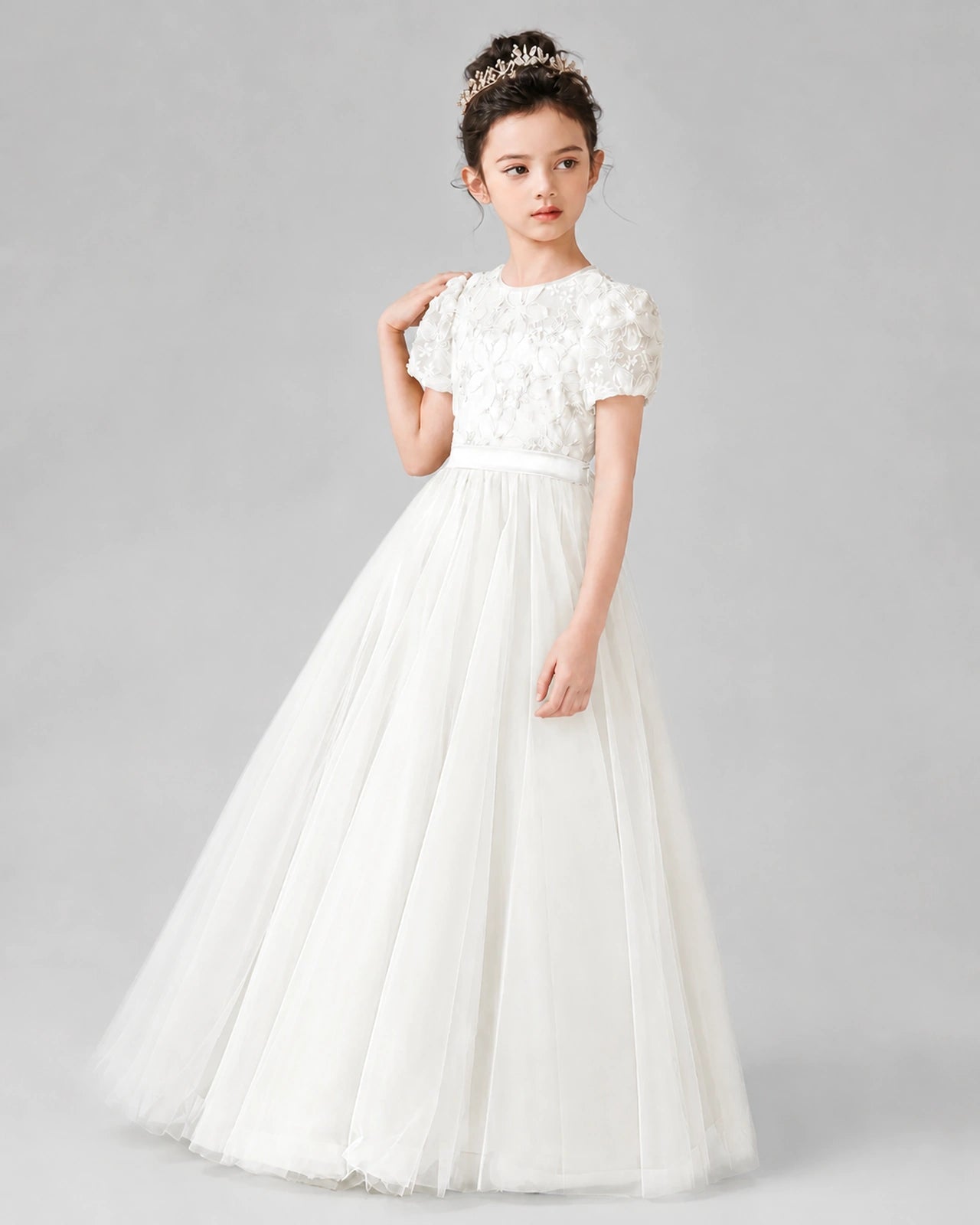 Dideyttawl Formal Dress with Puff Sleeves Floral Lace Bodice and Tulle Skirt