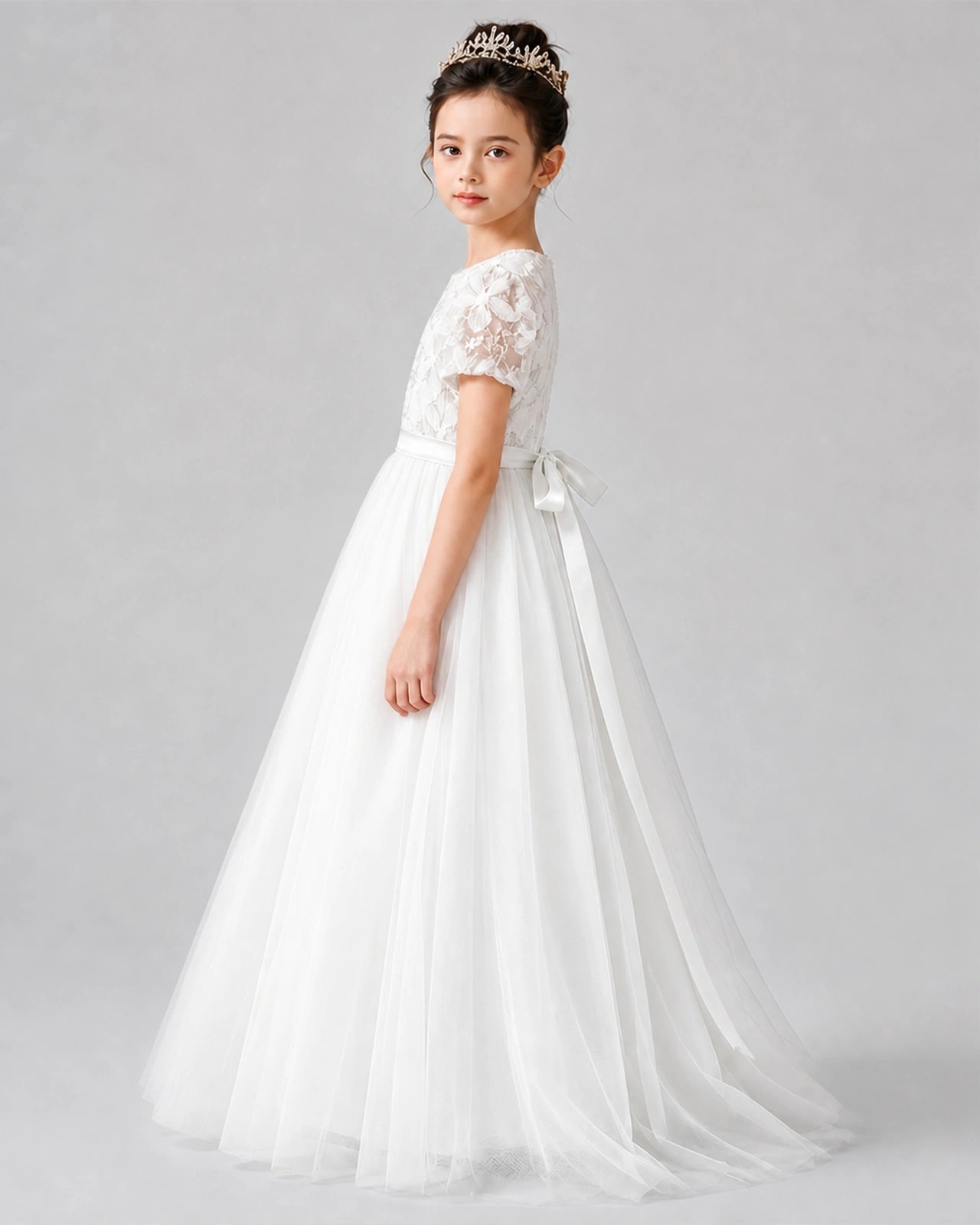 Dideyttawl Formal Dress with Puff Sleeves Floral Lace Bodice and Tulle Skirt