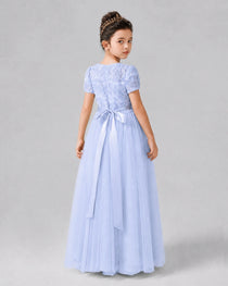 Dideyttawl Formal Dress with Puff Sleeves Floral Lace Bodice and Tulle Skirt