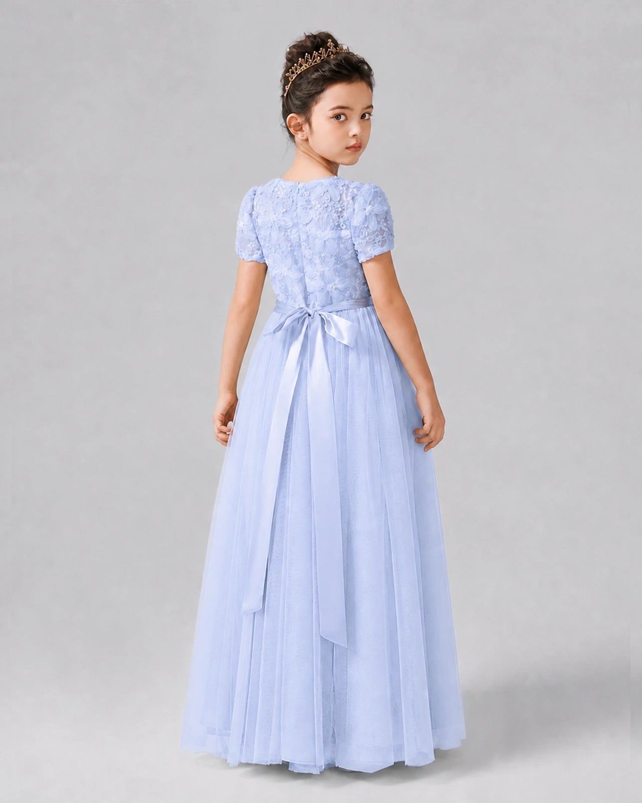 Dideyttawl Formal Dress with Puff Sleeves Floral Lace Bodice and Tulle Skirt