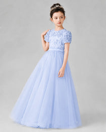 Dideyttawl Formal Dress with Puff Sleeves Floral Lace Bodice and Tulle Skirt