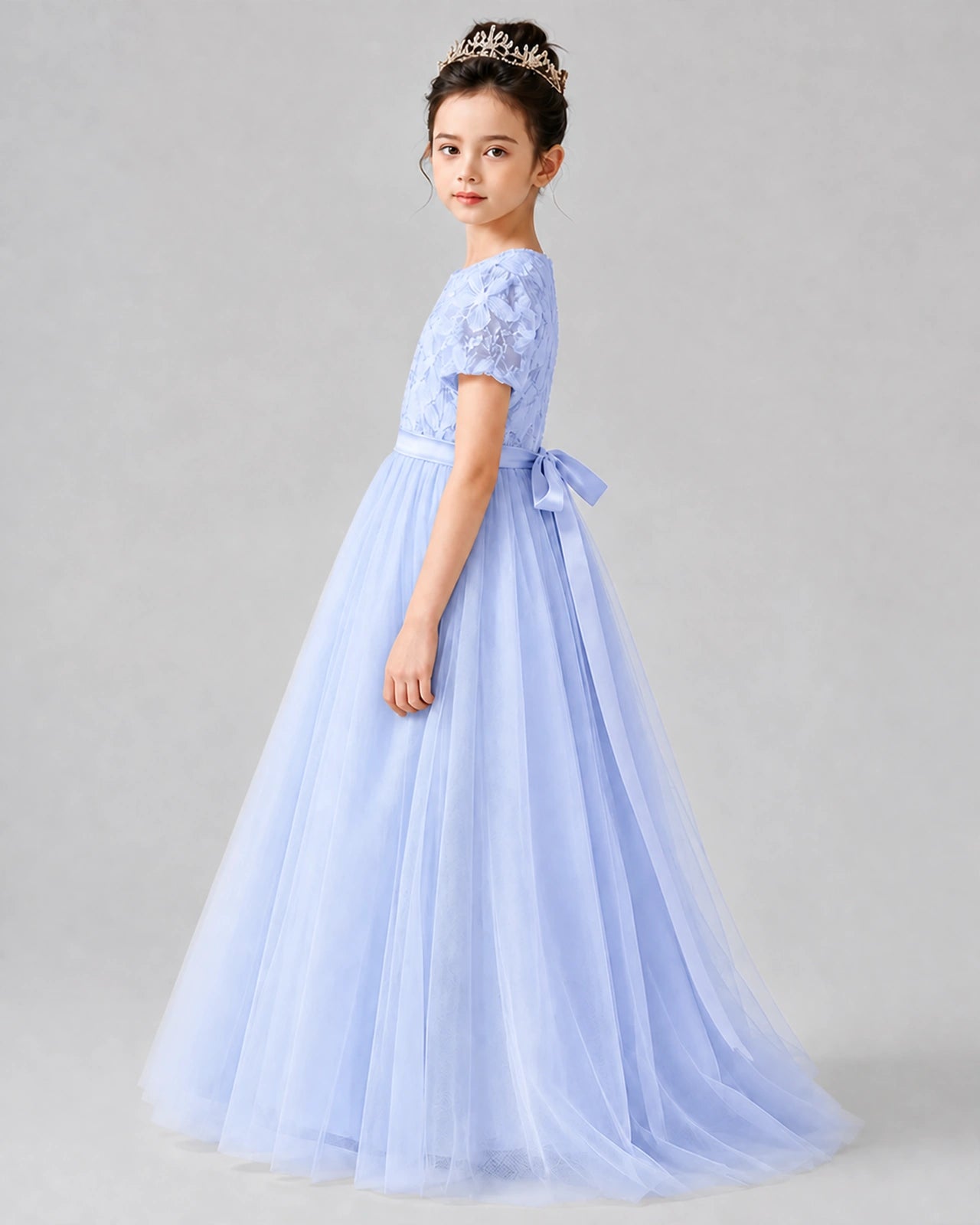 Dideyttawl Formal Dress with Puff Sleeves Floral Lace Bodice and Tulle Skirt
