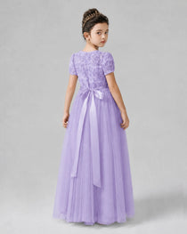 Dideyttawl Formal Dress with Puff Sleeves Floral Lace Bodice and Tulle Skirt