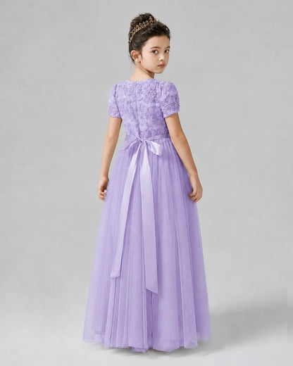 Lilac Tulle A-line Girls Formal Dress Back View