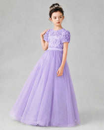 Dideyttawl Formal Dress with Puff Sleeves Floral Lace Bodice and Tulle Skirt