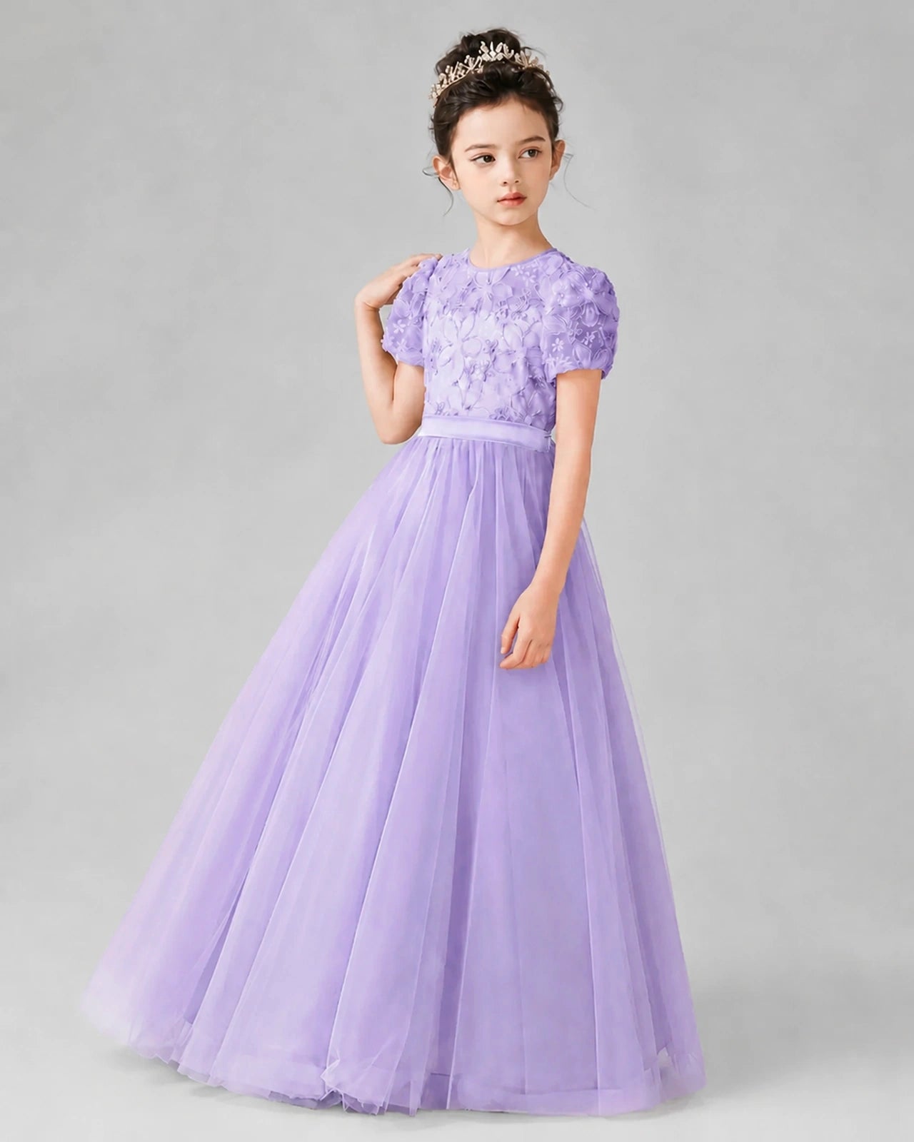 Dideyttawl Formal Dress with Puff Sleeves Floral Lace Bodice and Tulle Skirt