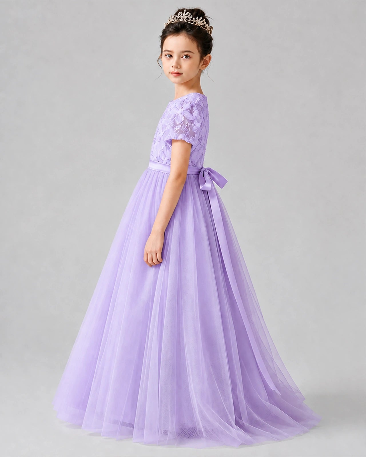 Dideyttawl Formal Dress with Puff Sleeves Floral Lace Bodice and Tulle Skirt