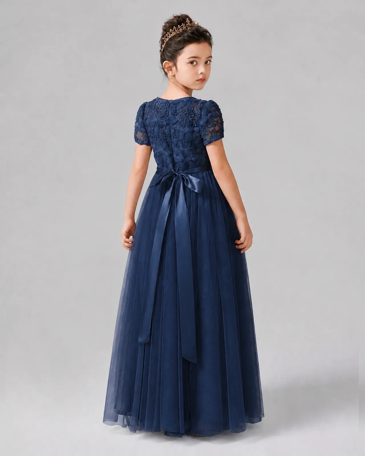 Navy Blue Tulle A-line Girls Formal Dress Back View