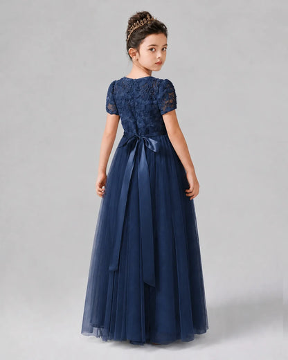 Navy Blue Tulle A-line Girls Formal Dress Back View