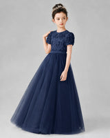 Navy Blue Satin Tulle A-line Girls Formal Dress Front View