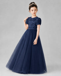Dideyttawl Formal Dress with Puff Sleeves Floral Lace Bodice and Tulle Skirt
