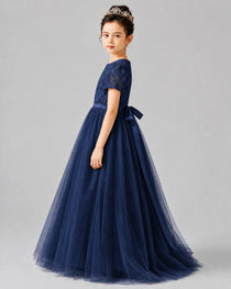 Dideyttawl Formal Dress with Puff Sleeves Floral Lace Bodice and Tulle Skirt