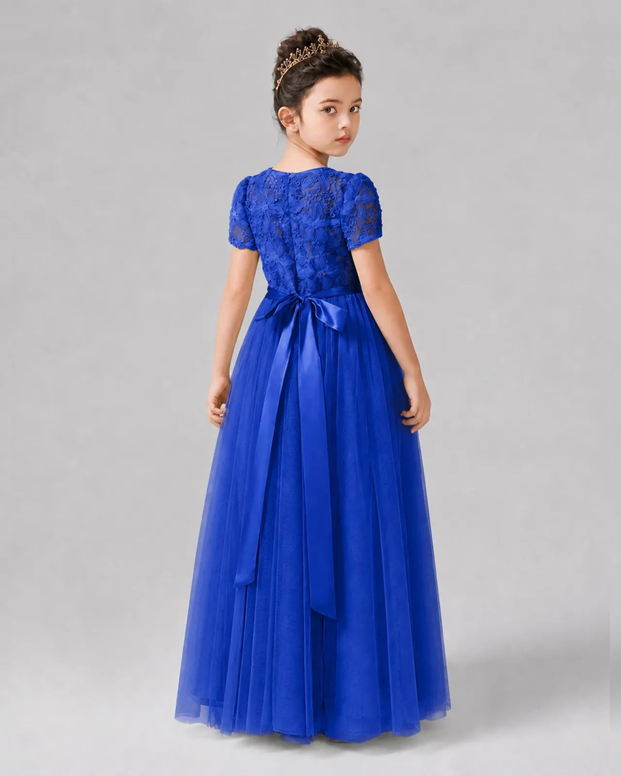 Royal Blue Tulle A-line Girls Formal Dress Back View