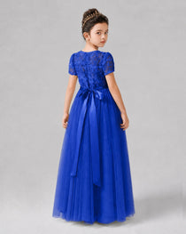 Dideyttawl Formal Dress with Puff Sleeves Floral Lace Bodice and Tulle Skirt