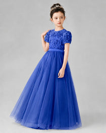 Dideyttawl Formal Dress with Puff Sleeves Floral Lace Bodice and Tulle Skirt