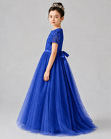 Royal Blue Satin Tulle A-line Girls Formal Dress Side View