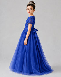 Dideyttawl Formal Dress with Puff Sleeves Floral Lace Bodice and Tulle Skirt