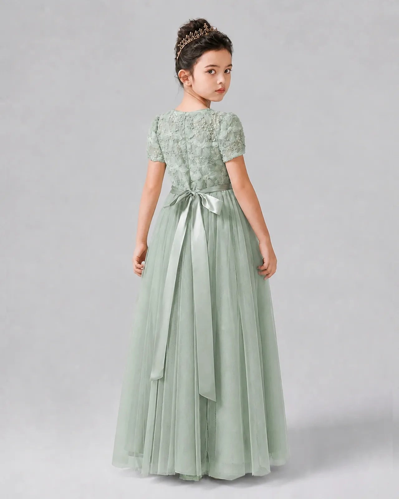 Sage Green Satin Tulle A-line Girls Formal Dress Back View