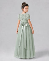 Sage Green Satin Tulle A-line Girls Formal Dress Back View