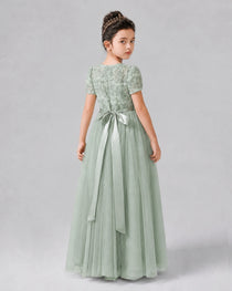 Dideyttawl Formal Dress with Puff Sleeves Floral Lace Bodice and Tulle Skirt