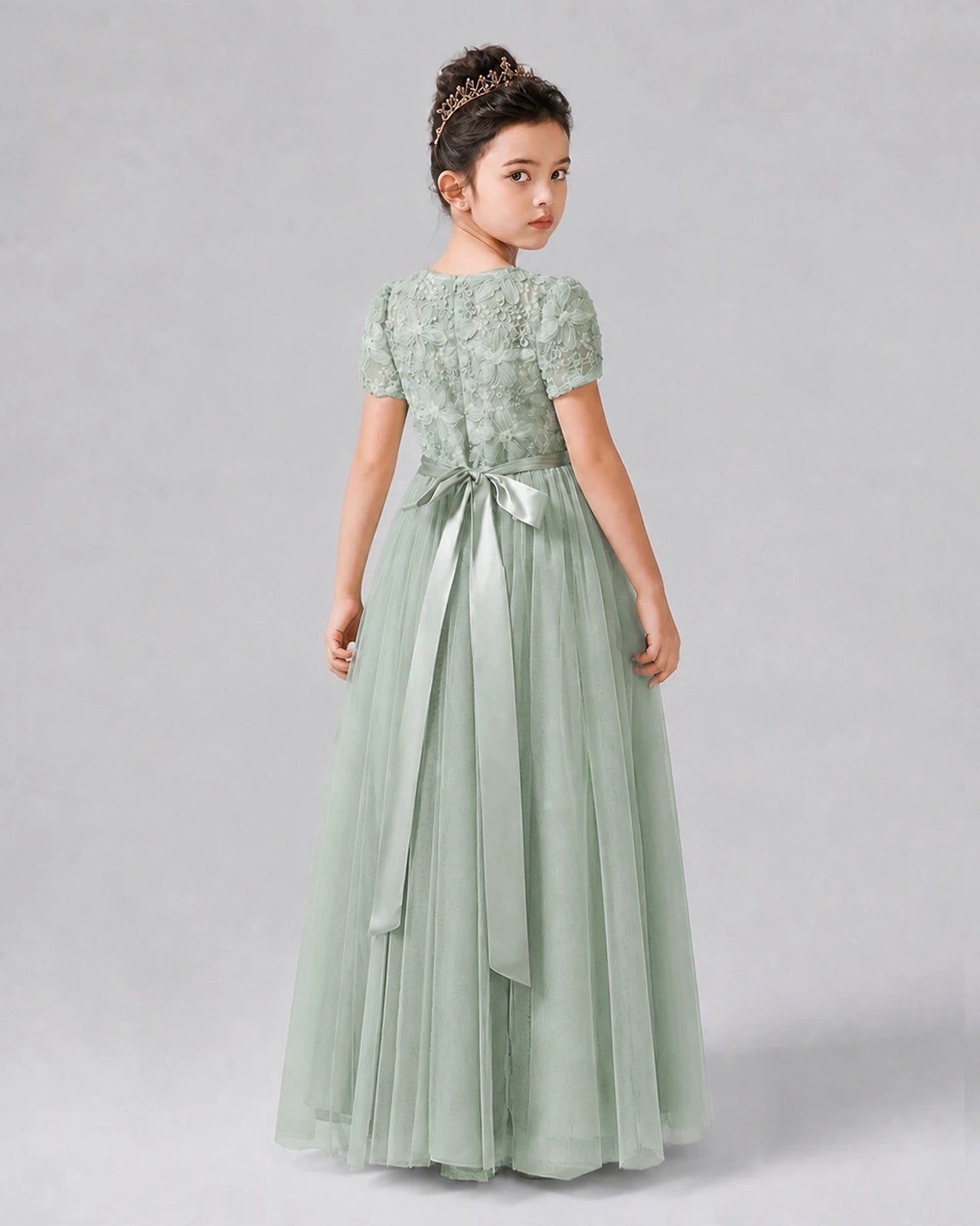 Dideyttawl Formal Dress with Puff Sleeves Floral Lace Bodice and Tulle Skirt