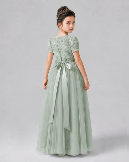 Sage Green Satin Tulle A-line Girls Formal Dress Back View