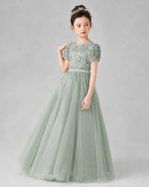 Dideyttawl Formal Dress with Puff Sleeves Floral Lace Bodice and Tulle Skirt