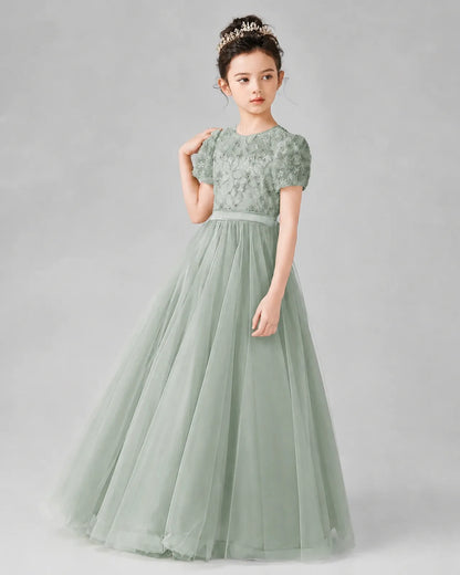 Sage Green Tulle A-line Girls Formal Dress Front View