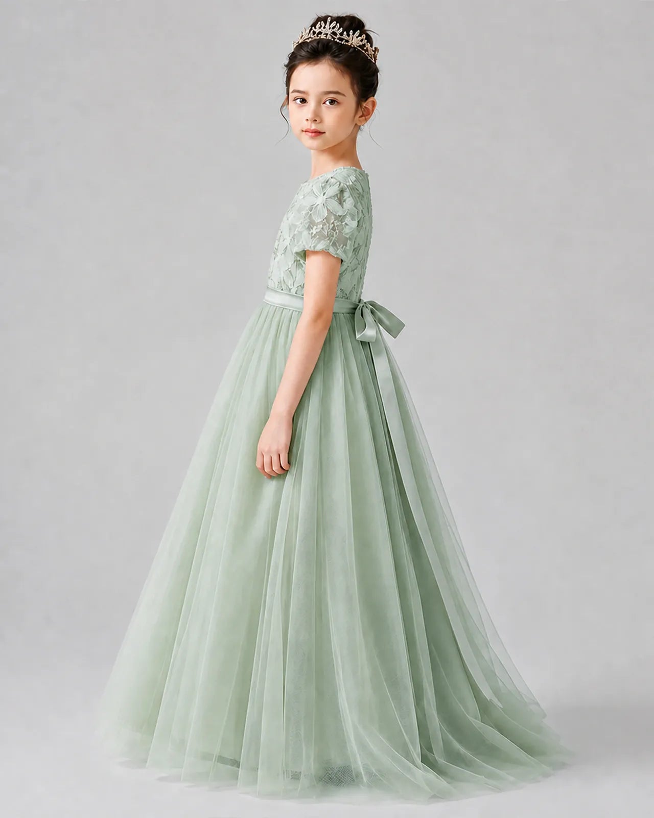 Sage Green Satin Tulle A-line Girls Formal Dress Side View