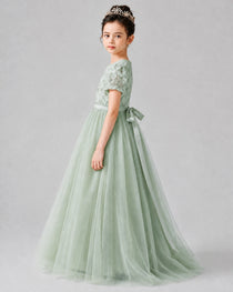 Dideyttawl Formal Dress with Puff Sleeves Floral Lace Bodice and Tulle Skirt