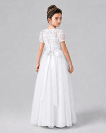 Dideyttawl Formal Dress with Puff Sleeves Floral Lace Bodice and Tulle Skirt