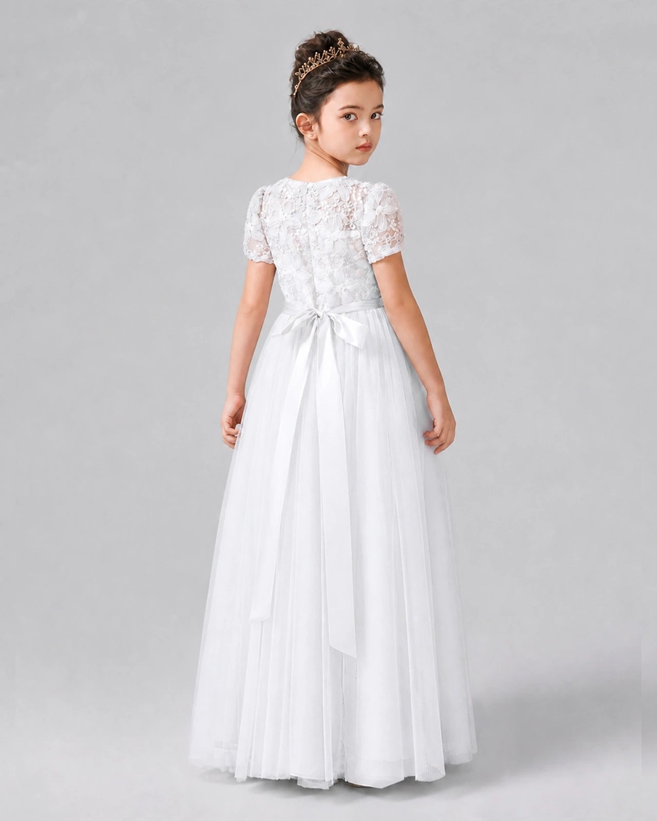 Dideyttawl Formal Dress with Puff Sleeves Floral Lace Bodice and Tulle Skirt