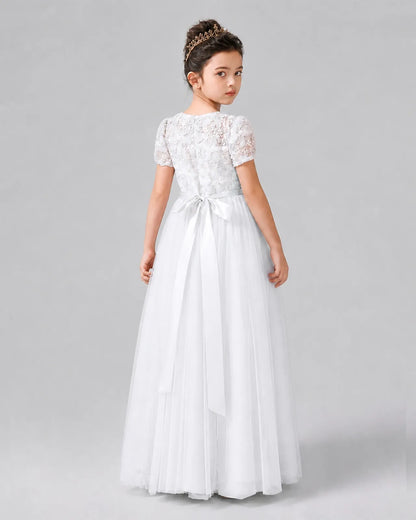 White Satin Tulle A-line Girls Formal Dress Back View