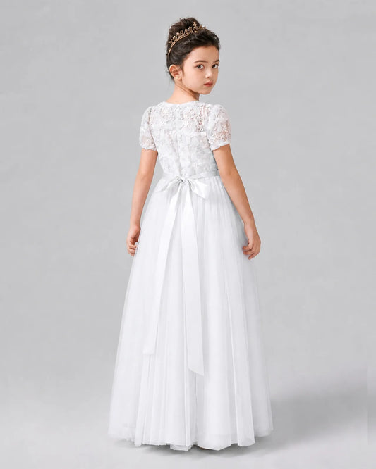 White Satin Tulle A-line Girls Formal Dress Back View