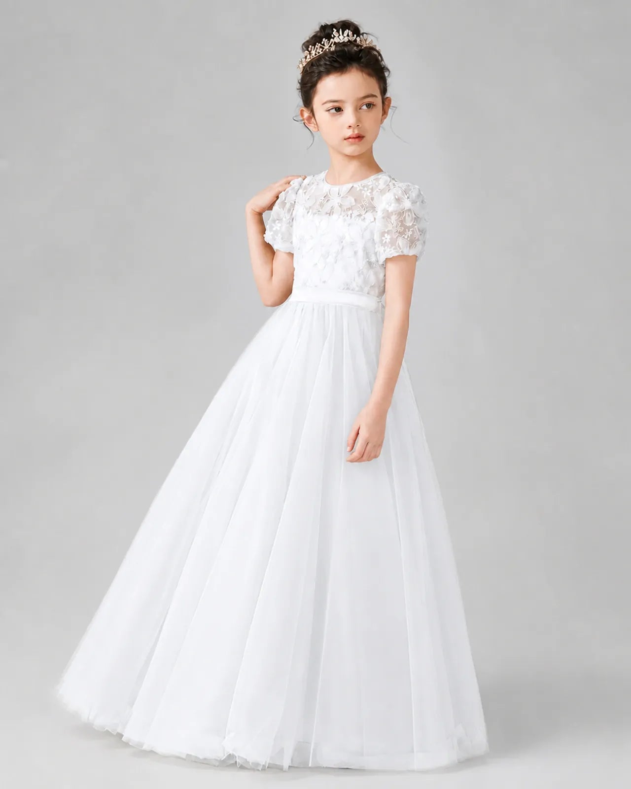 White Satin Tulle A-line Girls Formal Dress Front View