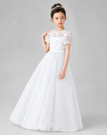 Dideyttawl Formal Dress with Puff Sleeves Floral Lace Bodice and Tulle Skirt
