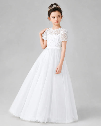 White Satin Tulle A-line Girls Formal Dress Front View