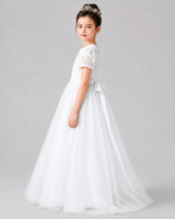 White Satin Tulle A-line Girls Formal Dress Side View