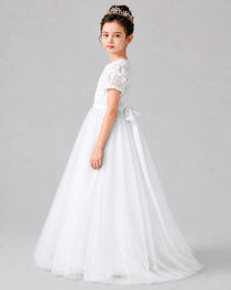 Dideyttawl Formal Dress with Puff Sleeves Floral Lace Bodice and Tulle Skirt