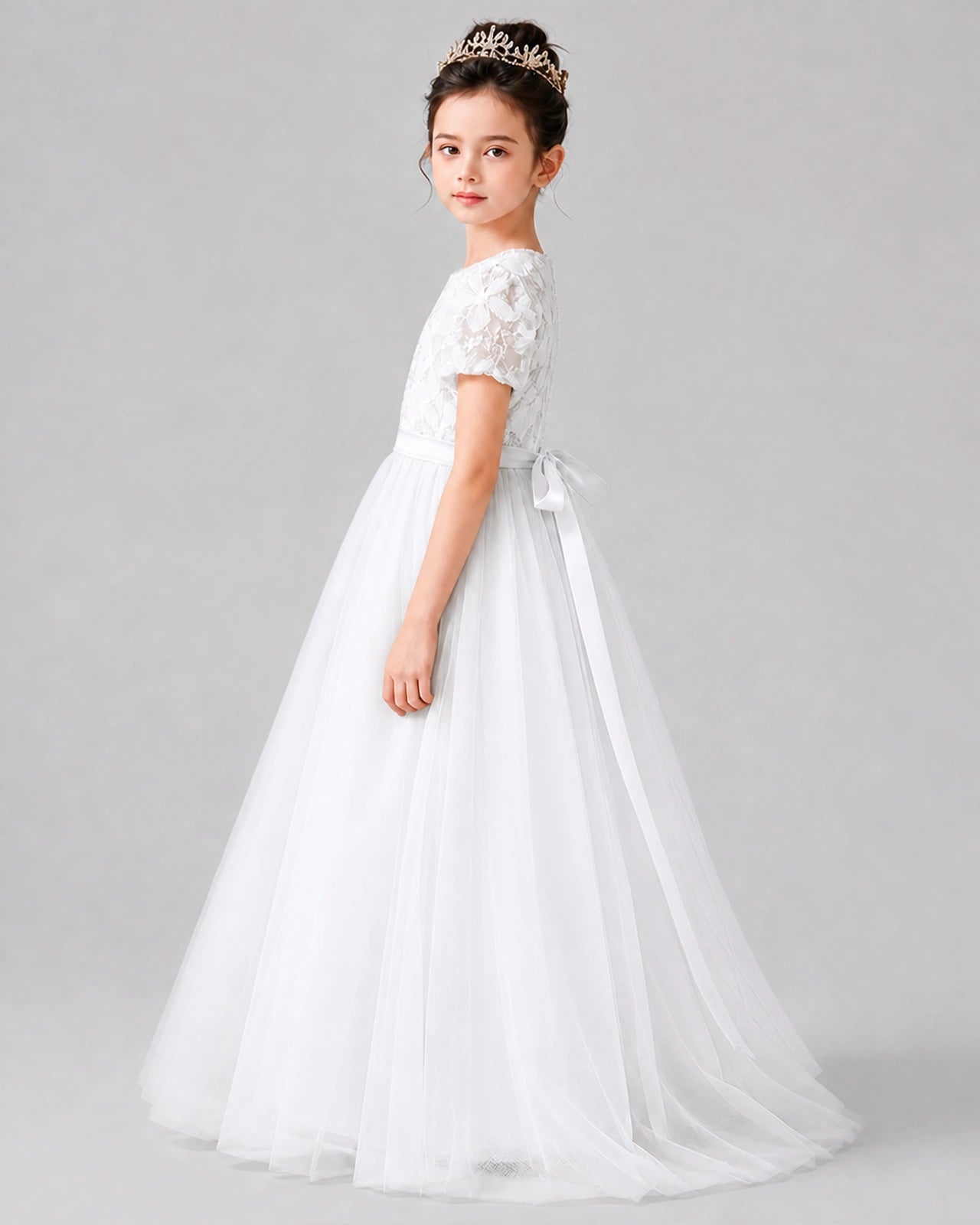 Dideyttawl Formal Dress with Puff Sleeves Floral Lace Bodice and Tulle Skirt