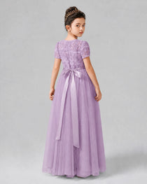 Dideyttawl Formal Dress with Puff Sleeves Floral Lace Bodice and Tulle Skirt