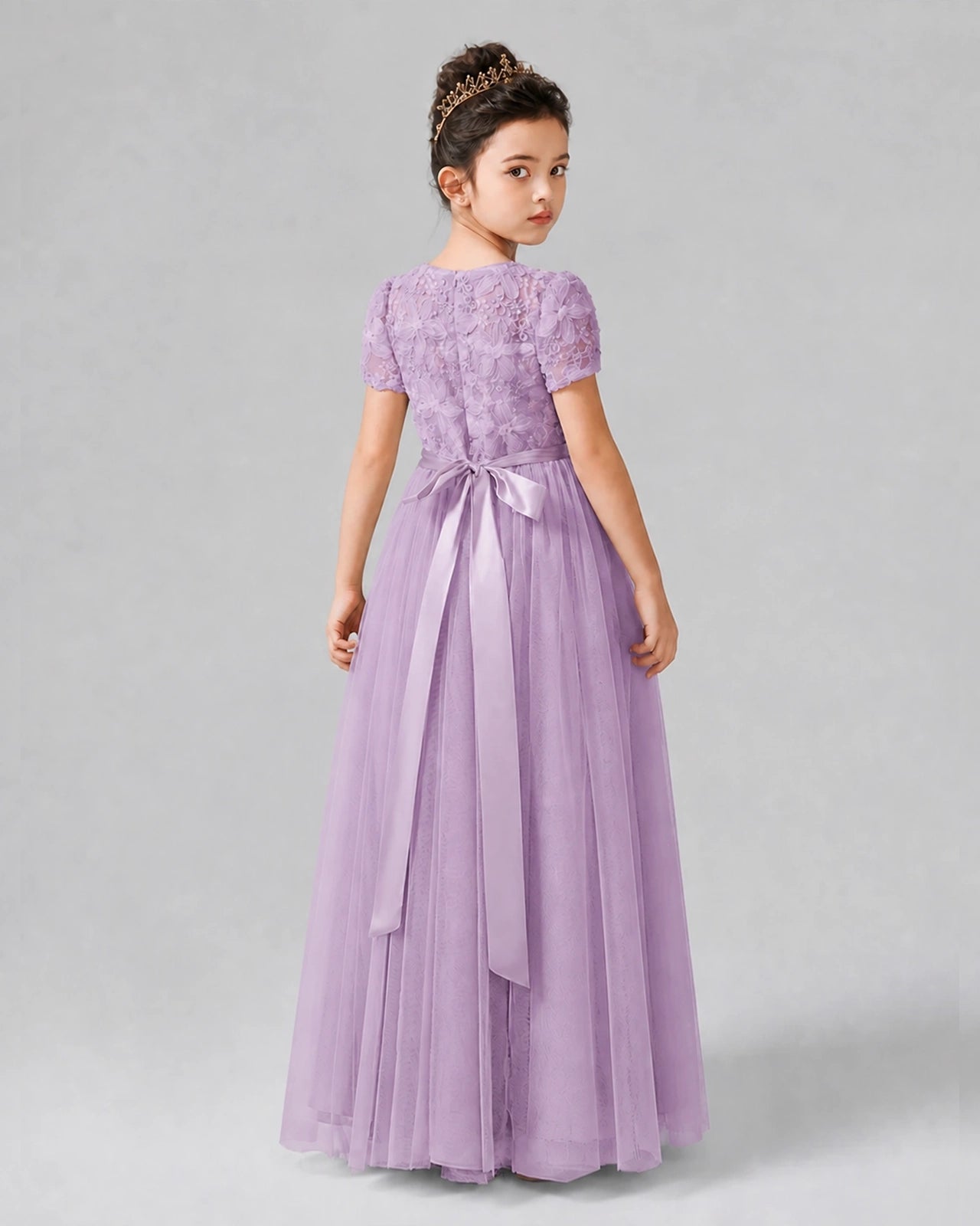 Dideyttawl Formal Dress with Puff Sleeves Floral Lace Bodice and Tulle Skirt